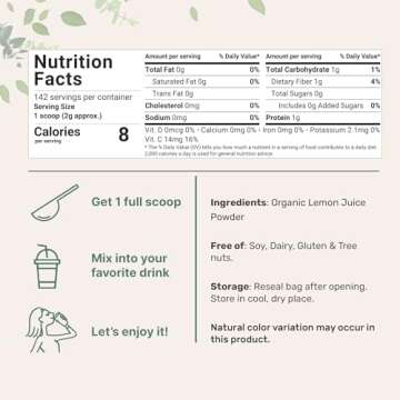 Organic Lemon Juice powder, 10 Ounce | 100% Natural Fruit Powder | Cold Pressed Lemons Source | No Sugar & Additives | Great Flavor for Drinks, Smoothie, & Beverages | Non-GMO & Vegan Friendly