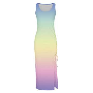 Prime of Day Deals Today 2024 Casual Sun Dresses for Women 2024 Cute Floral Print Bodycon Women Dresses Sexy Sleeveless High Waist Ribbed Drawstring Ruched High Slit Womens Summer Dresses Plus Size