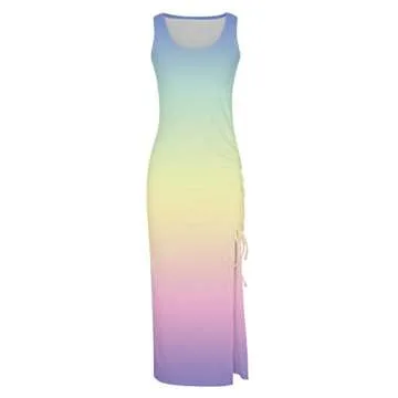 Prime of Day Deals Today 2024 Casual Sun Dresses for Women 2024 Cute Floral Print Bodycon Women Dresses Sexy Sleeveless High Waist Ribbed Drawstring Ruched High Slit Womens Summer Dresses Plus Size