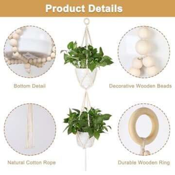 Hotfiary Plant Hanger Indoor Wood Bead Hanging Planter for Plants Holder 2 Tier Decorative Flower Po...