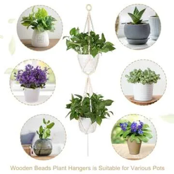Hotfiary Plant Hanger Indoor Wood Bead Hanging Planter for Plants Holder 2 Tier Decorative Flower Pot Holders Boho Farmhouse Rustic Decor Indoor Outdoor Hang Baskets (Pot Not Included)