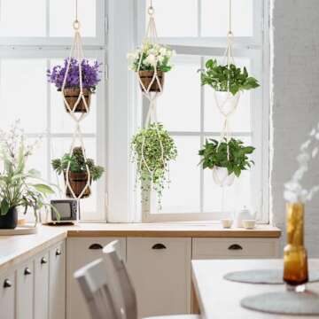 Hotfiary Plant Hanger Indoor Wood Bead Hanging Planter for Plants Holder 2 Tier Decorative Flower Pot Holders Boho Farmhouse Rustic Decor Indoor Outdoor Hang Baskets (Pot Not Included)