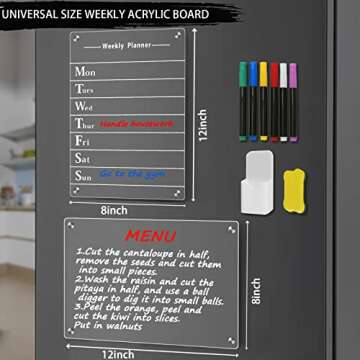 2 PCS Clear Acrylic Dry Erase Board for Fridge, 12”×8” Magnetic Weekly Meal Planner, Kitchen Me...