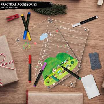 2 PCS Clear Acrylic Dry Erase Board for Fridge, 12”×8” Magnetic Weekly Meal Planner, Kitchen Menu Planner Board for Refrigerator Includes 6 Colors Markers, Pen Container and Eraser