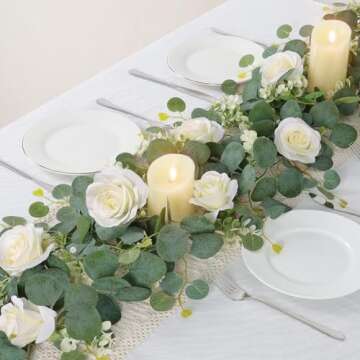 TOCHGREEN 2Pcs Artificial Eucalyptus Flower Garland with White Roses for Events and Home Decor