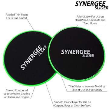 Synergee Electric Lime Green Core Sliders. Dual Sided Use on Carpet or Hardwood Floors. Abdominal Exercise Equipment