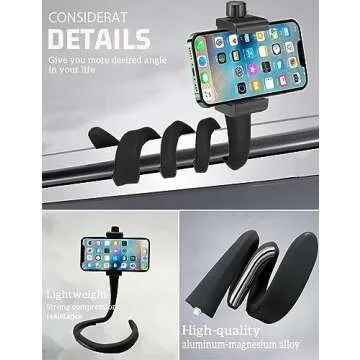 Portable Phone Holder Stand for Bed, Stroller, Desk, Car with Gooseneck Flexible Arm - Stable, Secure & Adjustable Fit on Treadmill, Wheelchair, Tree for GoPro & Cell Phones Used at Home, Work, Travel