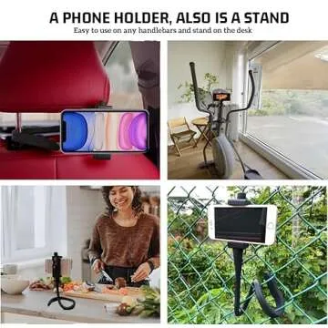 Portable Phone Holder Stand for Bed, Stroller, Desk, Car with Gooseneck Flexible Arm - Stable, Secure & Adjustable Fit on Treadmill, Wheelchair, Tree for GoPro & Cell Phones Used at Home, Work, Travel