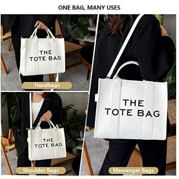 Work Tote Bags for Women - Trendy Personalized Oversized PU Leather Tote Bag Large Capacity Top-Handle Shoulder Crossbody Bags (A White)