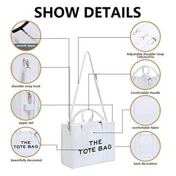 Work Tote Bags for Women - Trendy Personalized Oversized PU Leather Tote Bag Large Capacity Top-Handle Shoulder Crossbody Bags (A White)