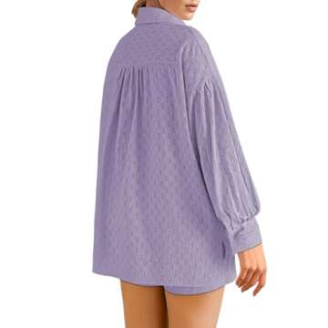 HAPCOPE Women's 2 Piece Outfits Long Puff Sleeve Blouse Shirt High Waisted Side Pocket Shorts Set Purple XL