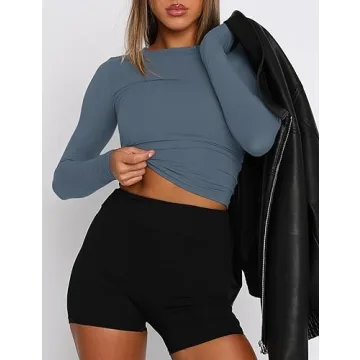 AKEWEI Women Long Sleeve Crop Top Basic Tees Tight Fitted Trendy 2025 Fall Shirts Undershirts Casual Going Out Cropped Tshirt (Gtey Blue, S)