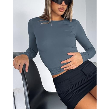 AKEWEI Women Long Sleeve Crop Top Basic Tees Tight Fitted Trendy 2025 Fall Shirts Undershirts Casual Going Out Cropped Tshirt (Gtey Blue, S)