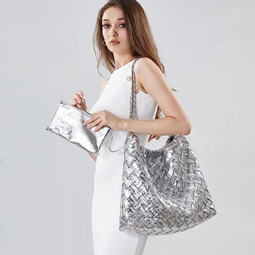 Woven Leather Hobo Handbag for Women with Purses, Large Woven Tote Bag Shoulder Bags 2pcs Purses Set