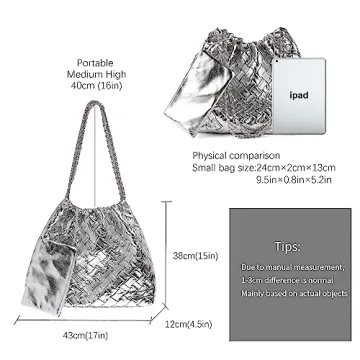 Woven Leather Hobo Handbag for Women with Purses, Large Woven Tote Bag Shoulder Bags 2pcs Purses Set