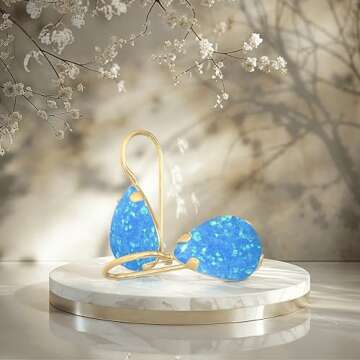 14K Gold Blue Opal Earrings - Solid Yellow Gold Pear Shape Dangle Earrings - October Birthstone Gift - Teardrop Jewelry - Handmade Elegant Gift for Women