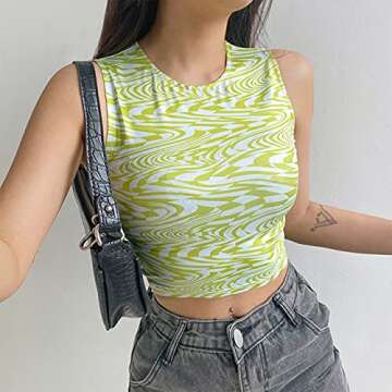 SAFRISIOR Women Y2K Striped Print Crop Tank Top Round Neck Sleeveless Aesthetics Casual Crop Top Vest 90s Streetwear Green