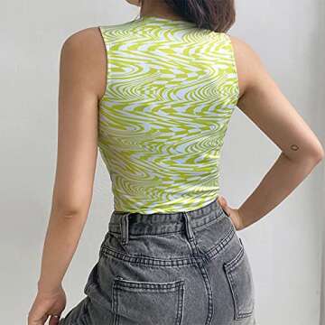 SAFRISIOR Women Y2K Striped Print Crop Tank Top Round Neck Sleeveless Aesthetics Casual Crop Top Vest 90s Streetwear Green