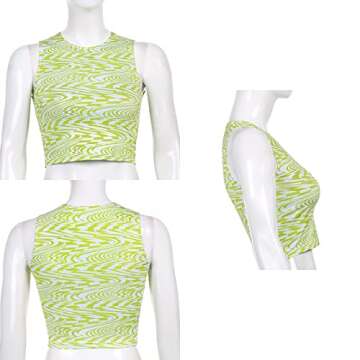 SAFRISIOR Women Y2K Striped Print Crop Tank Top Round Neck Sleeveless Aesthetics Casual Crop Top Vest 90s Streetwear Green