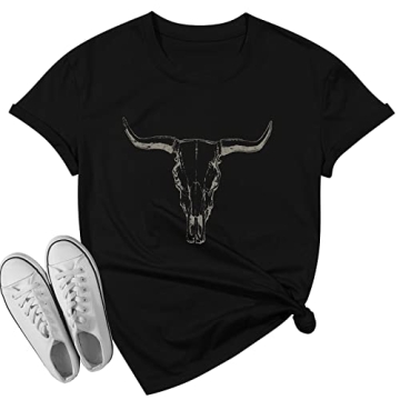Boho Cow Skull Shirt Women Vintage Western Graphic Tee