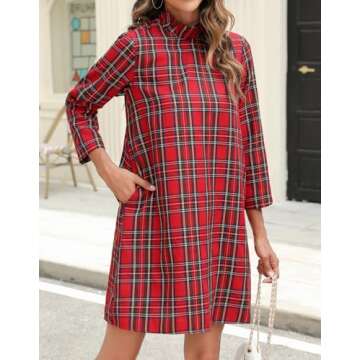 Kedera Women's Plaid Casual Mini Dress Ruffle Mock Neck 3/4 Long Sleeve Loose Dress Swing Solid Shif...