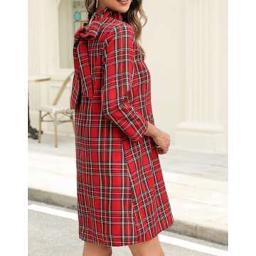 Kedera Women's Plaid Casual Mini Dress Ruffle Mock Neck 3/4 Long Sleeve Loose Dress Swing Solid Shift Dress with Back Bow