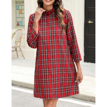 Kedera Women's Plaid Casual Mini Dress Ruffle Mock Neck 3/4 Long Sleeve Loose Dress Swing Solid Shift Dress with Back Bow