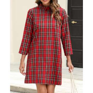 Kedera Women's Plaid Casual Mini Dress Ruffle Mock Neck 3/4 Long Sleeve Loose Dress Swing Solid Shift Dress with Back Bow