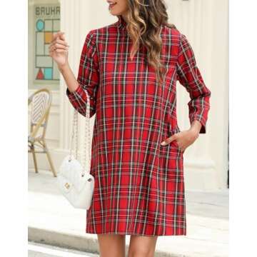 Kedera Women's Plaid Casual Mini Dress Ruffle Mock Neck 3/4 Long Sleeve Loose Dress Swing Solid Shift Dress with Back Bow