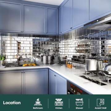 Diflart Beveled Mirror Backsplash Tiles for Kitchen, Silver Subway, 3x6 Inch, Mirror TIile for Bathr...