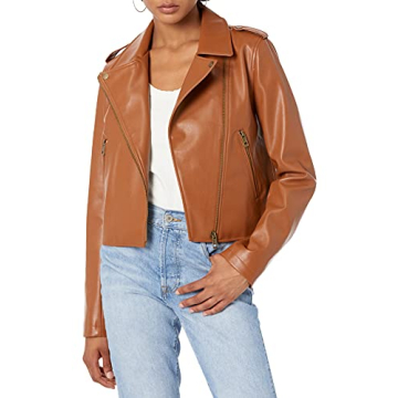 The Drop Women's Heather Faux Leather Moto Jacket - Cognac Stylish Fit