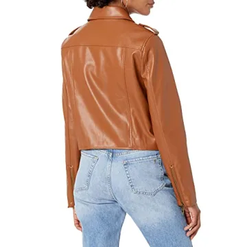 Stylish Faux Leather Moto Jacket for Women in Cognac