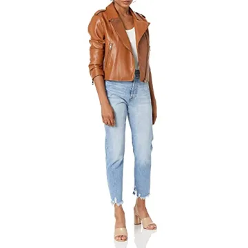 Stylish Faux Leather Moto Jacket for Women in Cognac