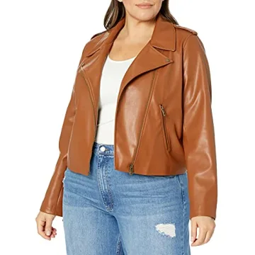 Stylish Faux Leather Moto Jacket for Women in Cognac