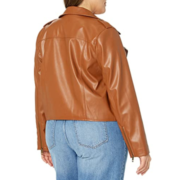 Stylish Faux Leather Moto Jacket for Women in Cognac