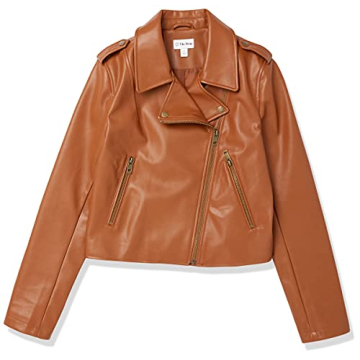 Stylish Faux Leather Moto Jacket for Women in Cognac