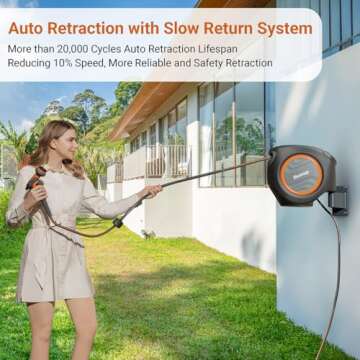 Ruvup Retractable Garden Hose Reel, 5/8in x 100ft Water Hose Reel with Metal Bracket, UV Resistant Automatic Hose Reel Wall Mount for Outside, Slow Retraction Any Length Lock 10 Spray Nozzle