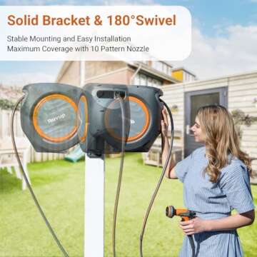 Ruvup Retractable Garden Hose Reel, 5/8in x 100ft Water Hose Reel with Metal Bracket, UV Resistant Automatic Hose Reel Wall Mount for Outside, Slow Retraction Any Length Lock 10 Spray Nozzle