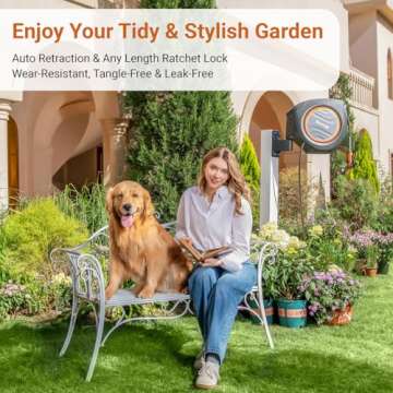 Ruvup Retractable Garden Hose Reel, 5/8in x 100ft Water Hose Reel with Metal Bracket, UV Resistant Automatic Hose Reel Wall Mount for Outside, Slow Retraction Any Length Lock 10 Spray Nozzle