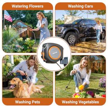 Ruvup Retractable Garden Hose Reel, 5/8in x 100ft Water Hose Reel with Metal Bracket, UV Resistant Automatic Hose Reel Wall Mount for Outside, Slow Retraction Any Length Lock 10 Spray Nozzle