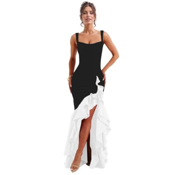 Stunning Ternlm Black and White Long Ruffle Prom Dress 2025 for Parties