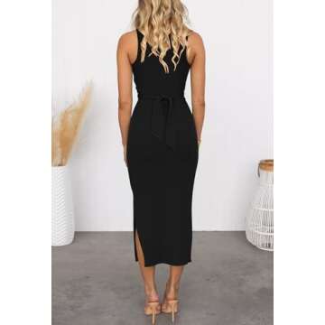 HUUSA Classic Crisscross Sleeveless Spring Midi Dress for Women Night Out Elegant Sexy Cut Out Knot Twisted Side Slit Ruched Bodycon Cocktail Party Pencil Belted Dresses Black M