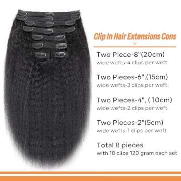 Kinky Straight Clip in Hair Extensions for Black Women Brazilian Human Hair Extensions 8Pcs Remy Hair Extensions Clip in Human Hair with 18Clips Double Lace Weft 120g (14inch, Natural Black)