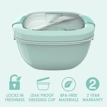 Bentgo All-in-One Salad Container - Large Salad Bowl, Bento Box Tray, Leak-Proof Sauce Container, Airtight Lid, & Fork for Healthy Adult Lunches; BPA-Free & Dishwasher/Microwave Safe (Coastal Aqua)