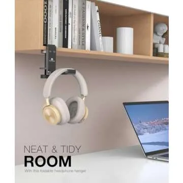 APPHOME Foldable Headphone Stand Hanger Holder, Space-Saving Aluminum Soundbar Stand with Universal Fit for Gaming PC Accessories, Under Desk Clamp Hook Mount (Black-1PC)