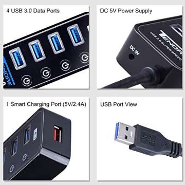 USB 3.0 Hub - Tendak USB Hub with 4 USB 3.0 Data Ports + 1 USB Smart Charging Port and Power Supply Adapter with Individual On/Off Port Switches for MacBook, Mac Pro, HDD