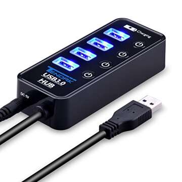 USB 3.0 Hub - Tendak USB Hub with 4 USB 3.0 Data Ports + 1 USB Smart Charging Port and Power Supply Adapter with Individual On/Off Port Switches for MacBook, Mac Pro, HDD