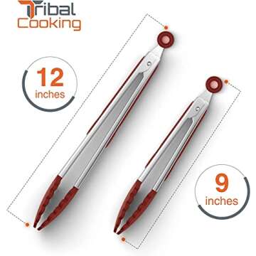 Tribal Cooking Kitchen Tongs with Silicone Tips - Stainless Steel tongs for cooking - 9" and 12" Tongs With Silicone Rubber Grips, Small and Large - Metal BBQ Tongs with Locking (Red)