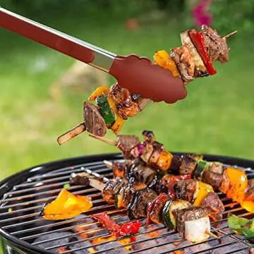 Tribal Cooking Kitchen Tongs with Silicone Tips - Stainless Steel tongs for cooking - 9" and 12" Tongs With Silicone Rubber Grips, Small and Large - Metal BBQ Tongs with Locking (Red)