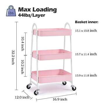 KINGRACK 3-Tier Metal Rolling Cart, Multi-Functional Storage Cart with Handle and Lockable Wheels, Utility Cart for Office, Bathroom, Kitchen, Pink